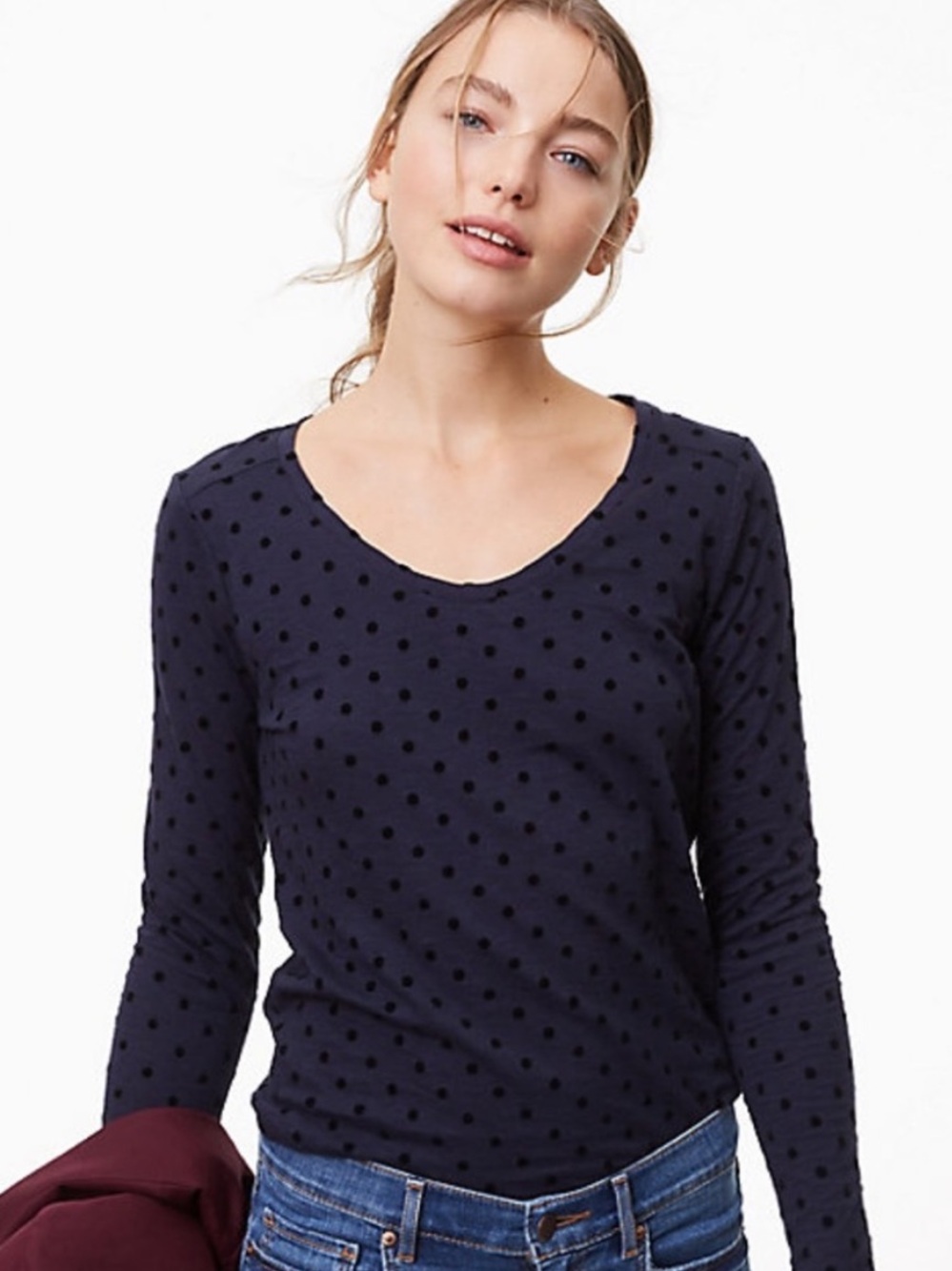 LOFT Velvet Dot Long Sleeve Navy Dot Scoop Neck Shirttail Tee XS